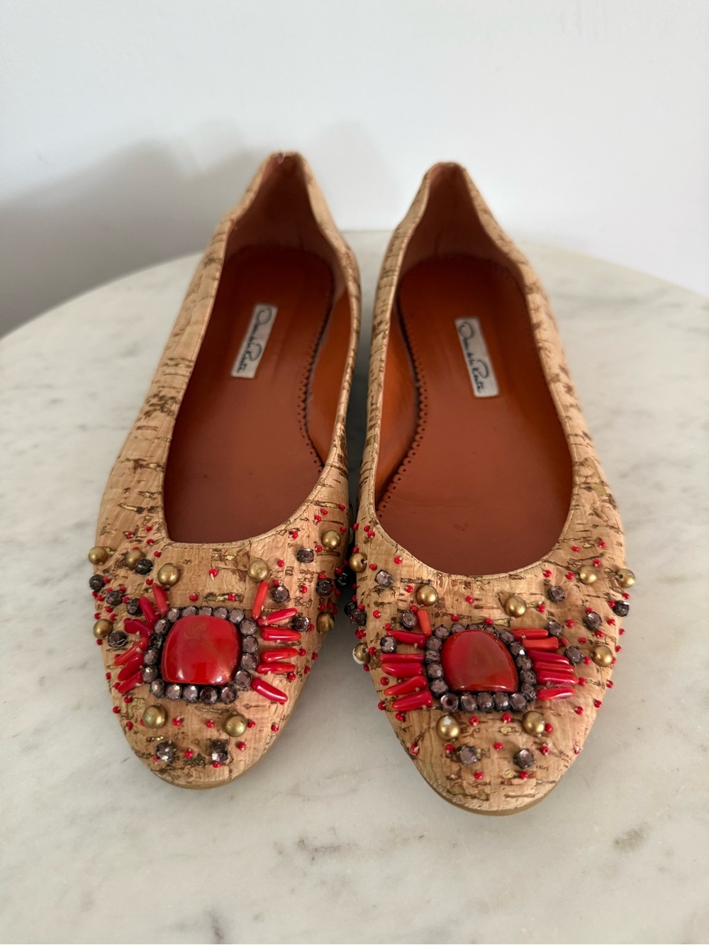Oscar de la Renta Beige Leather Embellished Flats Size 38 Made in Italy